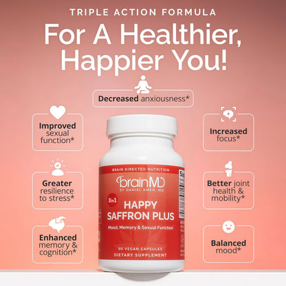 BRAINMD Dr Amen Happy Saffron Plus - 90 Capsules - with Saffron Flower Extract, Curcumin & Zinc - Vegan, Gluten Free - 30 Servings | 30 Servings